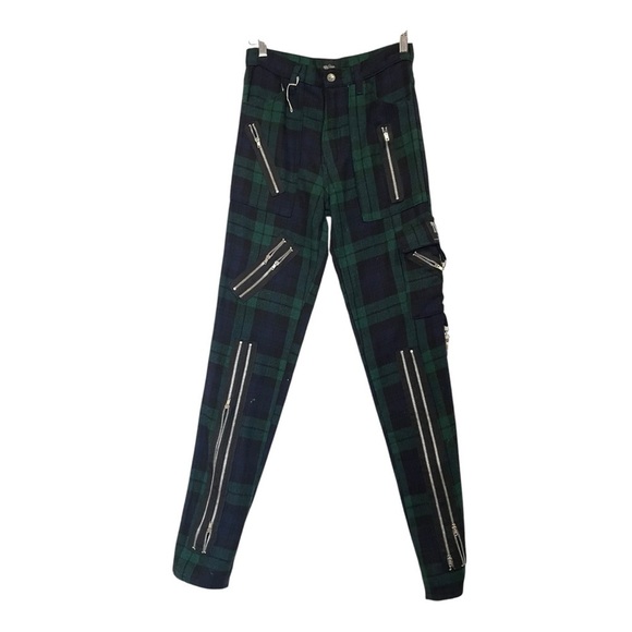 Tiger of London Mens Punk Rock Zip Bondage Green Woolly Tartan Pants Size 28 - Picture 1 of 10